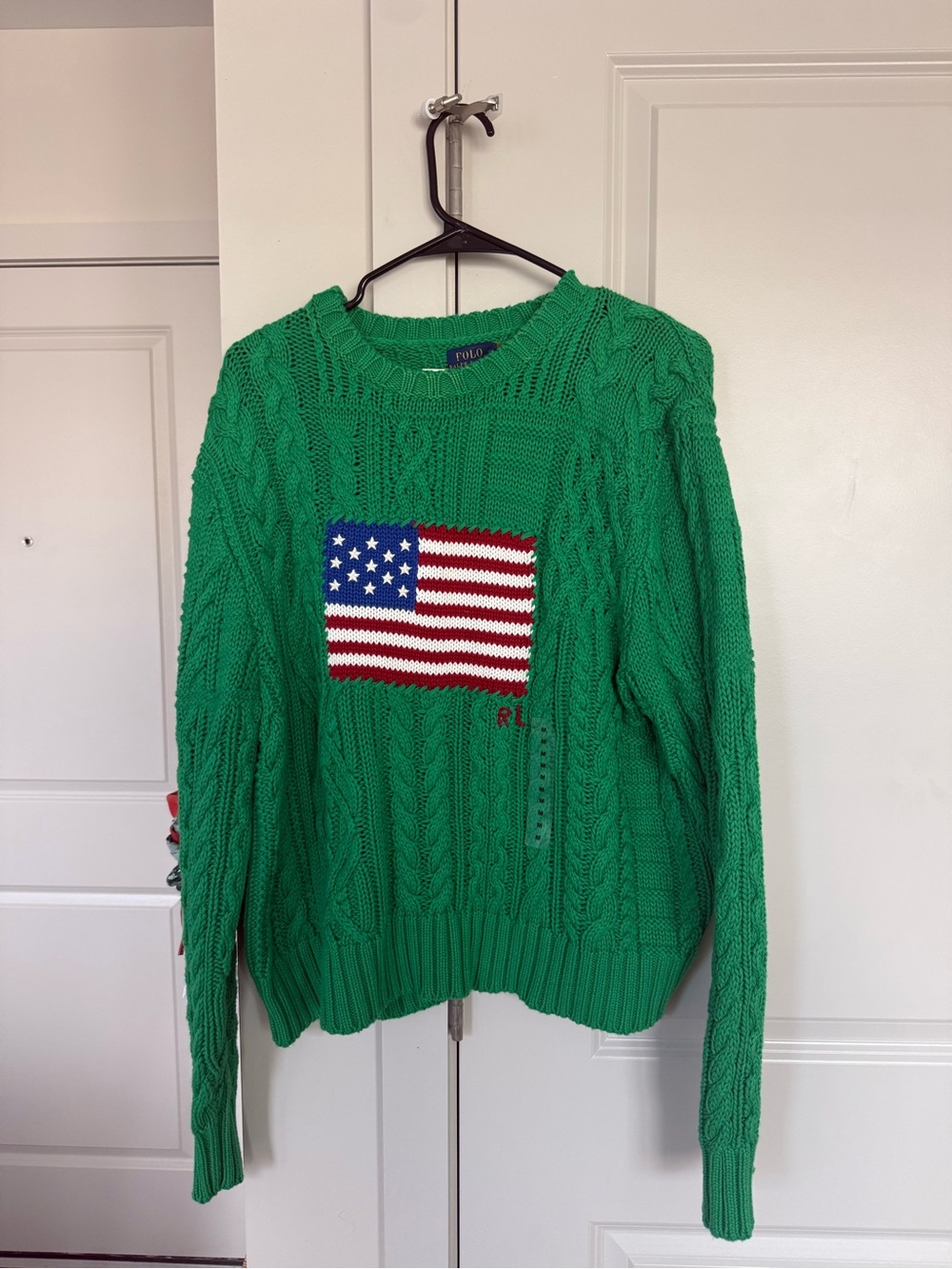 Ralph Lauren Green Cable-Knit flag Sweater